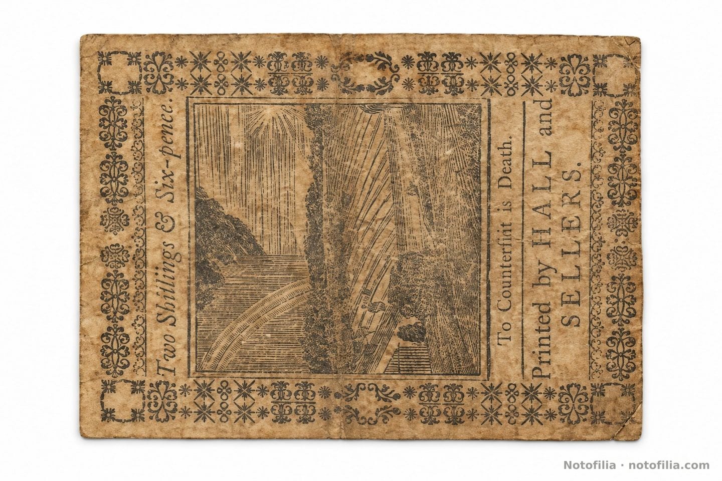 Back with a cast-cut farm scene, “To Counterfeit is Death,” and “Printed by HALL and SELLERS.”