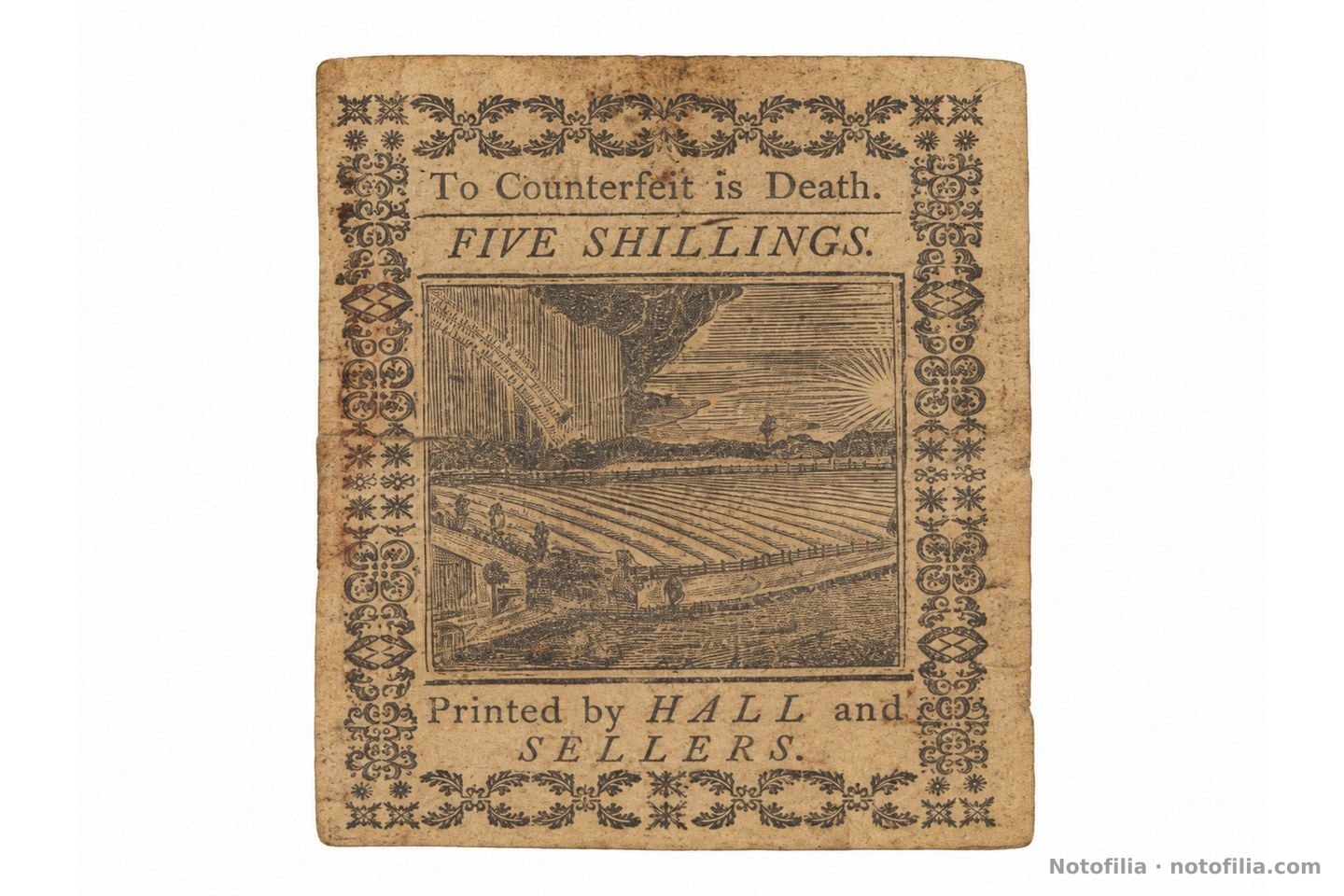Back with a cast farm scene, “To Counterfeit is Death,” and “Printed by HALL and SELLERS.”