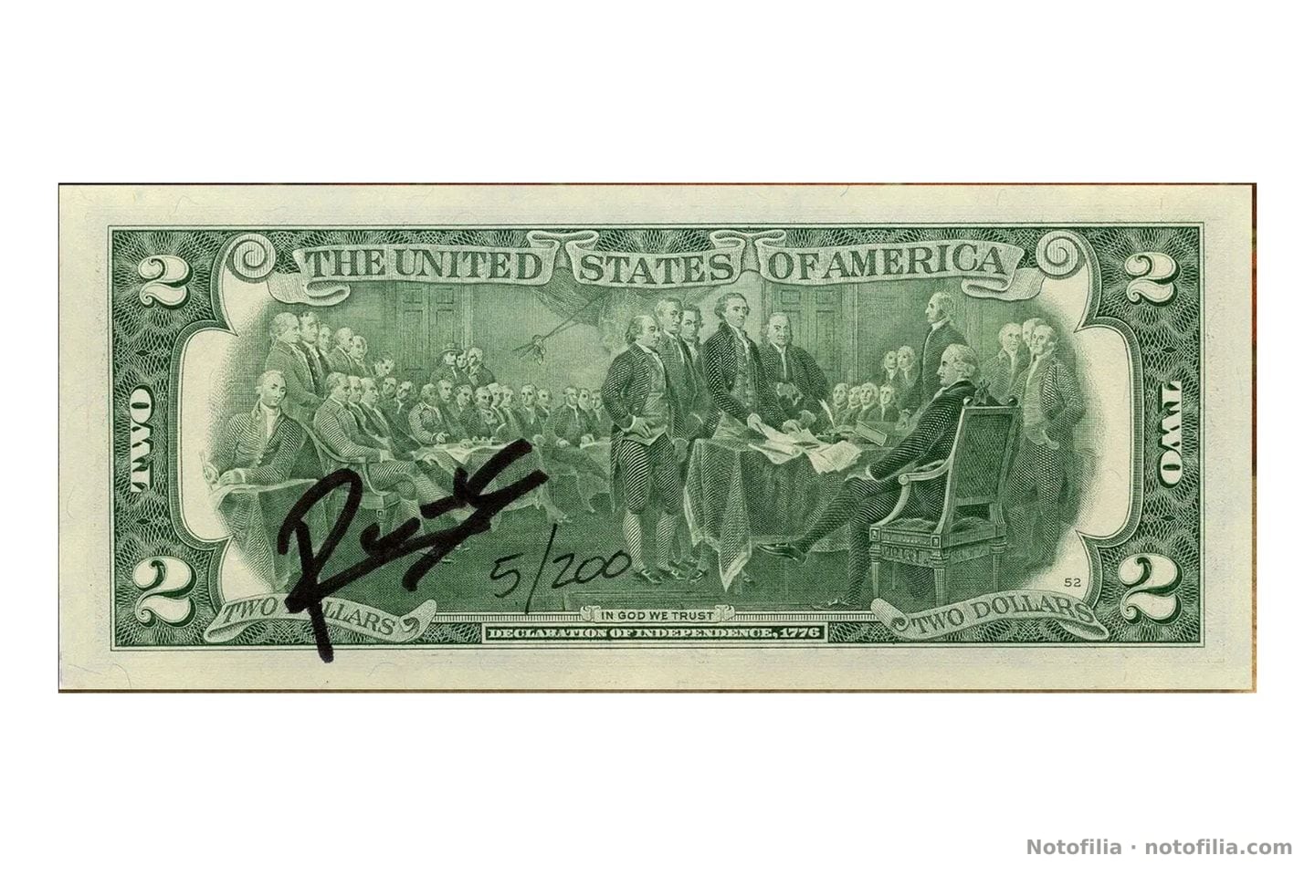 Reverso de un 2 dólares FRN (Declaración de Independencia), con firma manuscrita RENCY y edición 5/200.