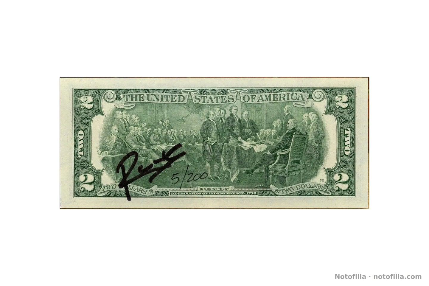 Reverso de un 2 dólares FRN (Declaración de Independencia), plancha 52, con firma manuscrita Rency y edición 5/200.