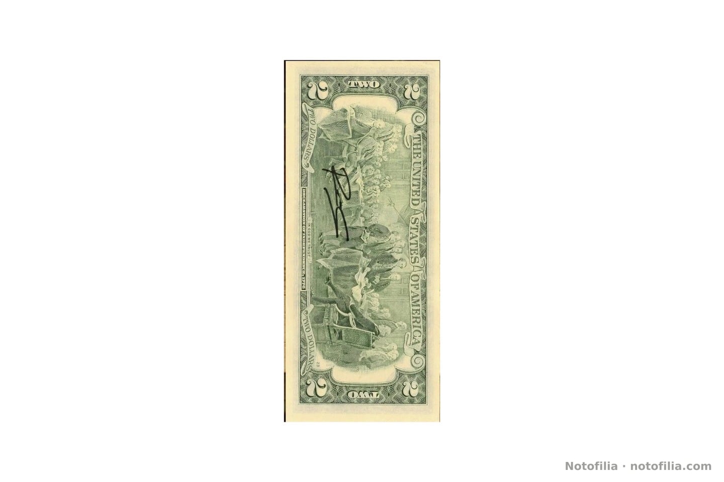 Back of an FRN $2 (Declaration of Independence) photographed upright, with a manuscript Rency in black marker. No edition fraction.