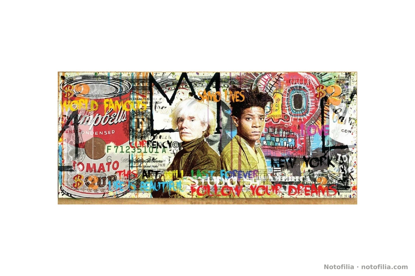 Anverso pop sobre un 2 dólares auténtico, serial F 71235101 A: Warhol y Basquiat, lata Campbell’s, calavera, corona y leyendas que incluyen «LIFE IS BEAUTIFUL» y «SAMO LIVES».