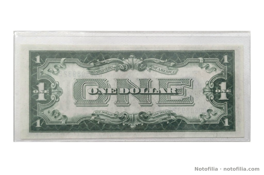 Reverso Funnyback del 1 dólar certificado de plata serie 1928 A: ONE ornamental cruzado por ONE DOLLAR. Plancha de reverso 2544.