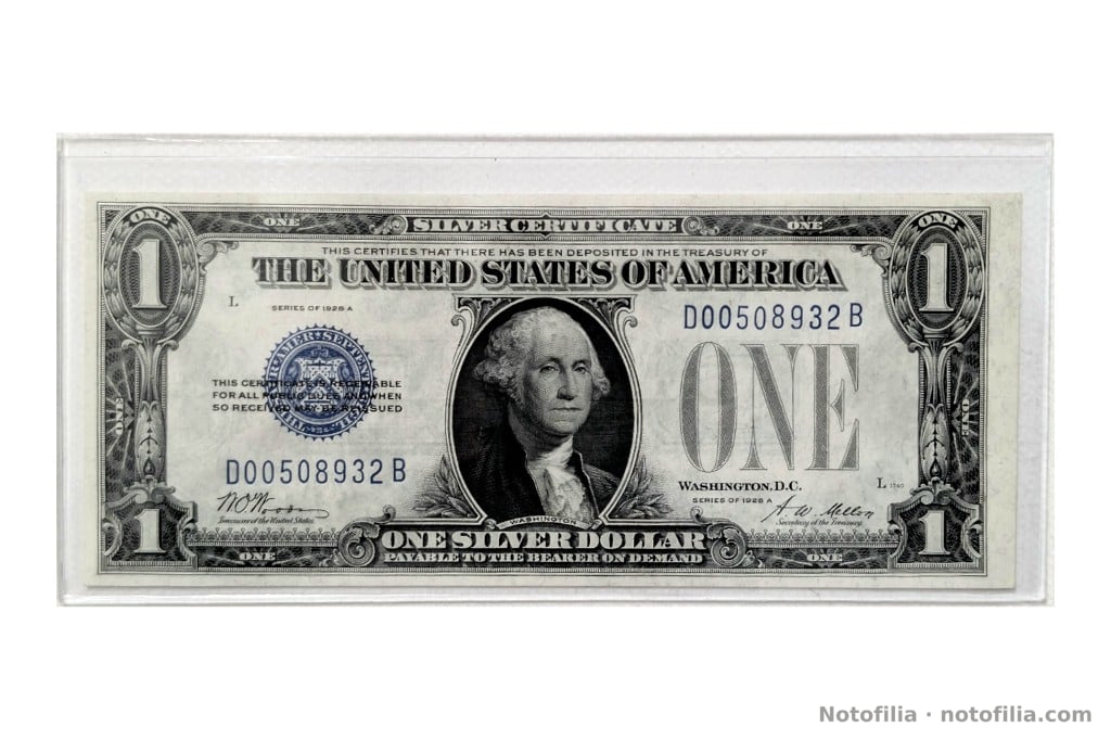 Anverso del 1 dólar certificado de plata serie 1928 A, serial D00508932B: Washington, sello azul del Tesoro, posición L y plancha 1740.