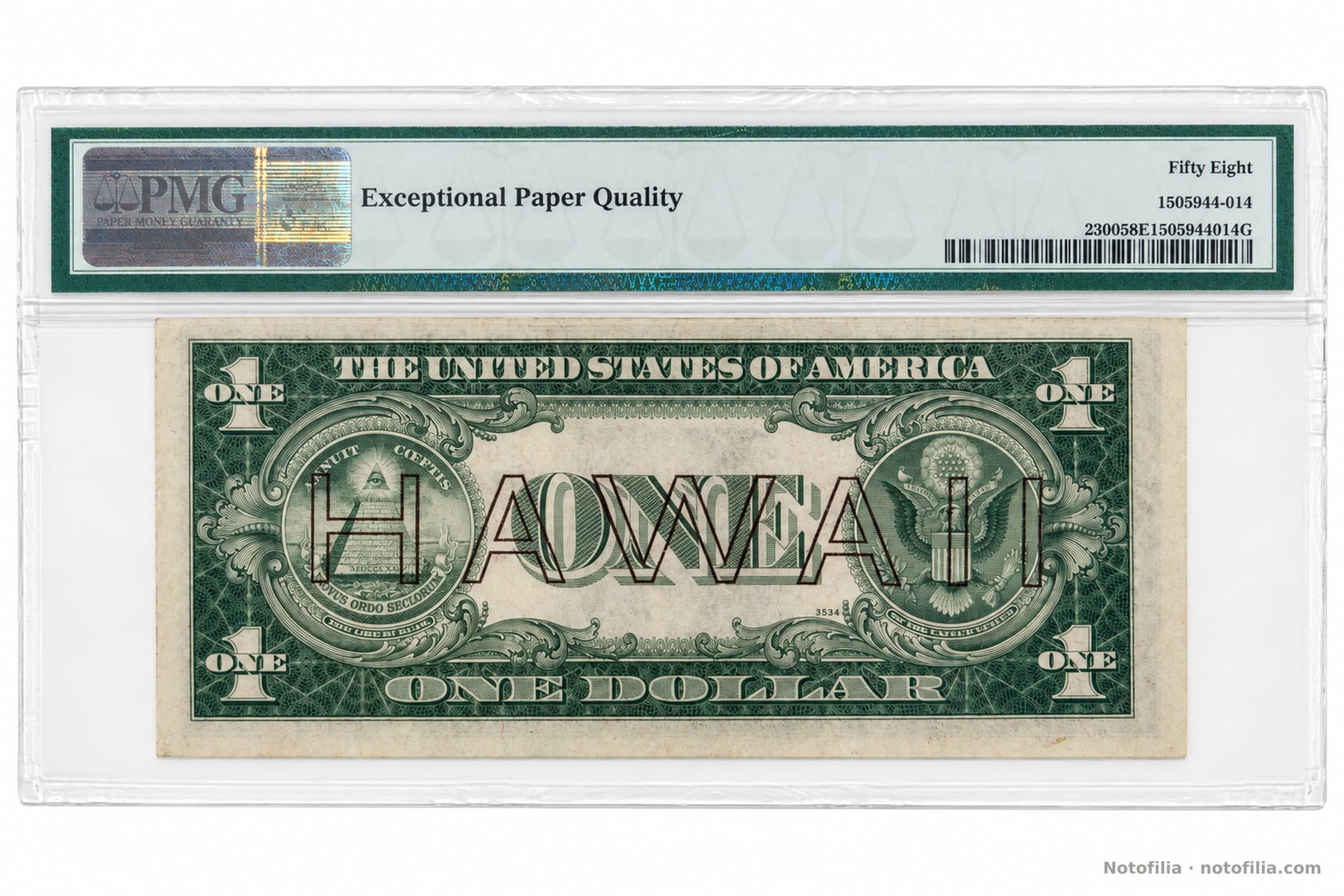 Reverso encapsulado del 1 dólar HAWAII, certificado PMG 1505944-014: ONE central, HAWAII en letras huecas y plancha de reverso 3534. Choice About Uncirculated 58 EPQ.