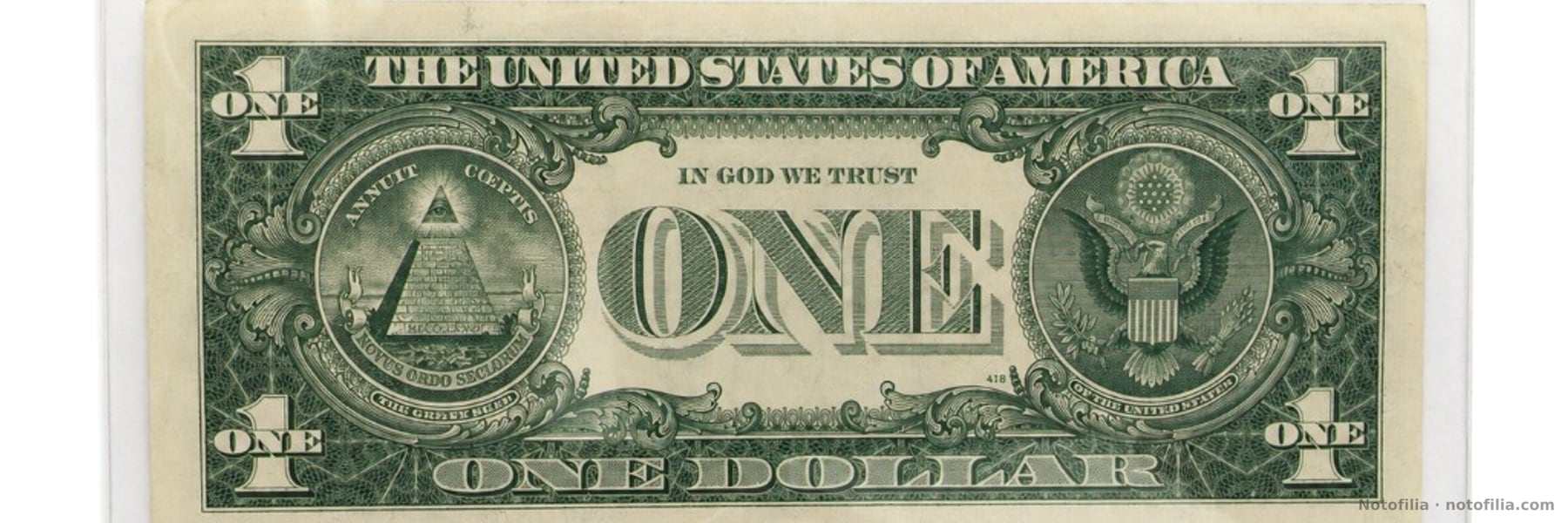 Reverso del 1 dólar certificado de plata serie 1957 B: ONE, IN GOD WE TRUST y el Gran Sello. Plancha de reverso 418.
