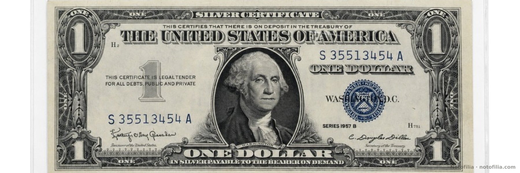 Anverso del 1 dólar certificado de plata serie 1957 B, serial S35513454A: Washington, sello azul del Tesoro y planchas H2 / H751.