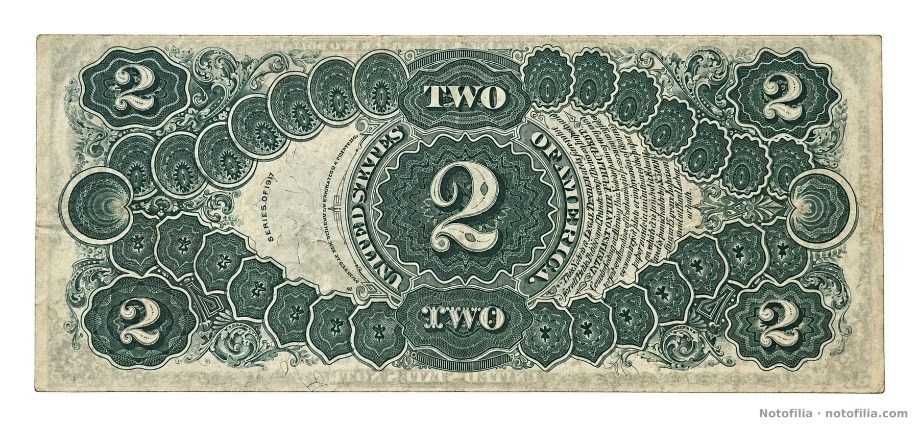 Reverso Bracelet del 2 dólares, serie 1917, serial B50400302A: escudos circulares entrelazados alrededor del 2.