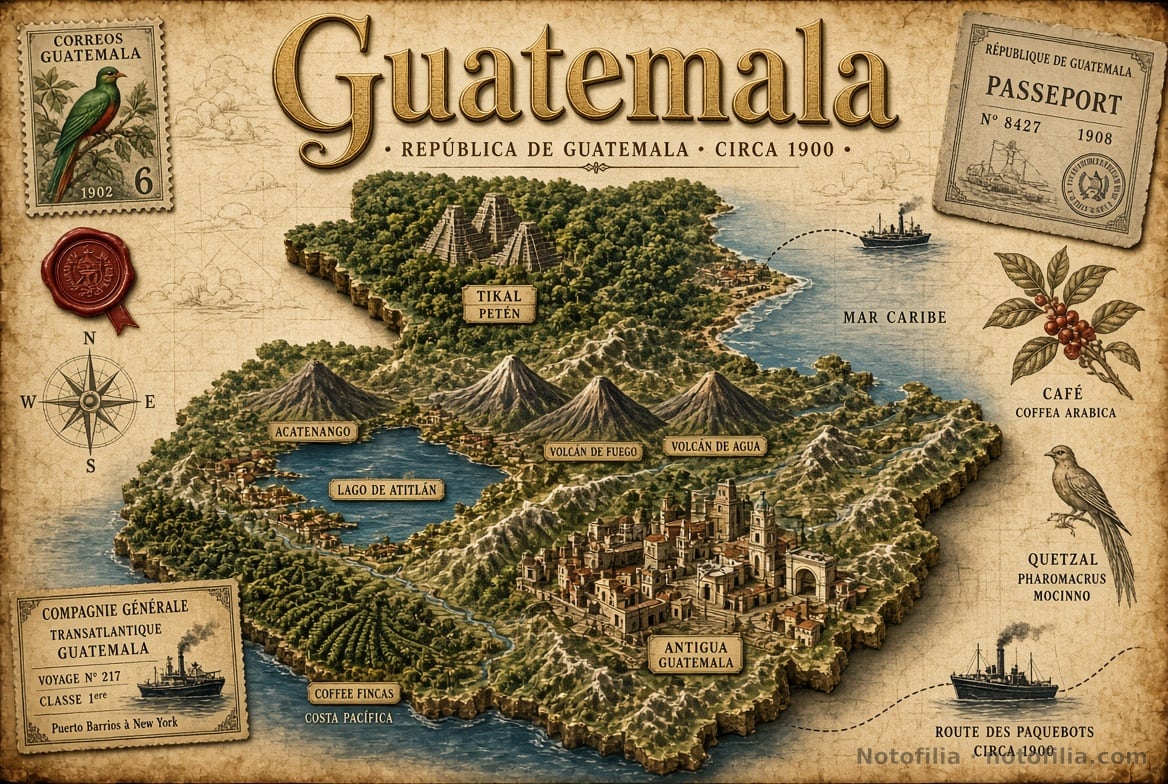 Mapa vintage en relieve 3D de Guatemala sobre pergamino, con Tikal, los volcanes Acatenango, de Fuego y de Agua, el lago de Atitlán, Antigua, un sello del quetzal, un pasaporte de 1908 y el título Guatemala