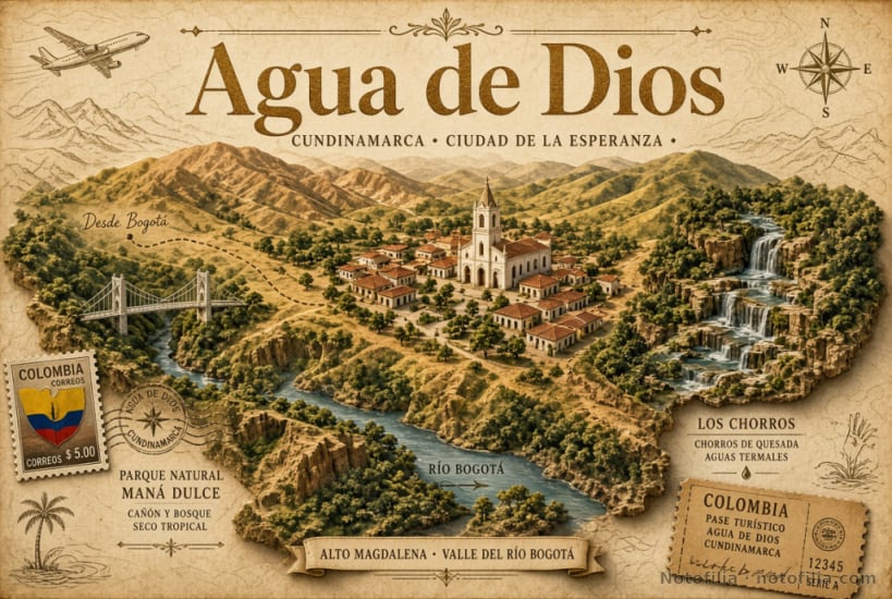 Póster ilustrado vintage de Agua de Dios, Cundinamarca, Ciudad de la Esperanza: pueblo colonial isométrico, catedral, río Bogotá, puente, Los Chorros y sello de Colombia Correos