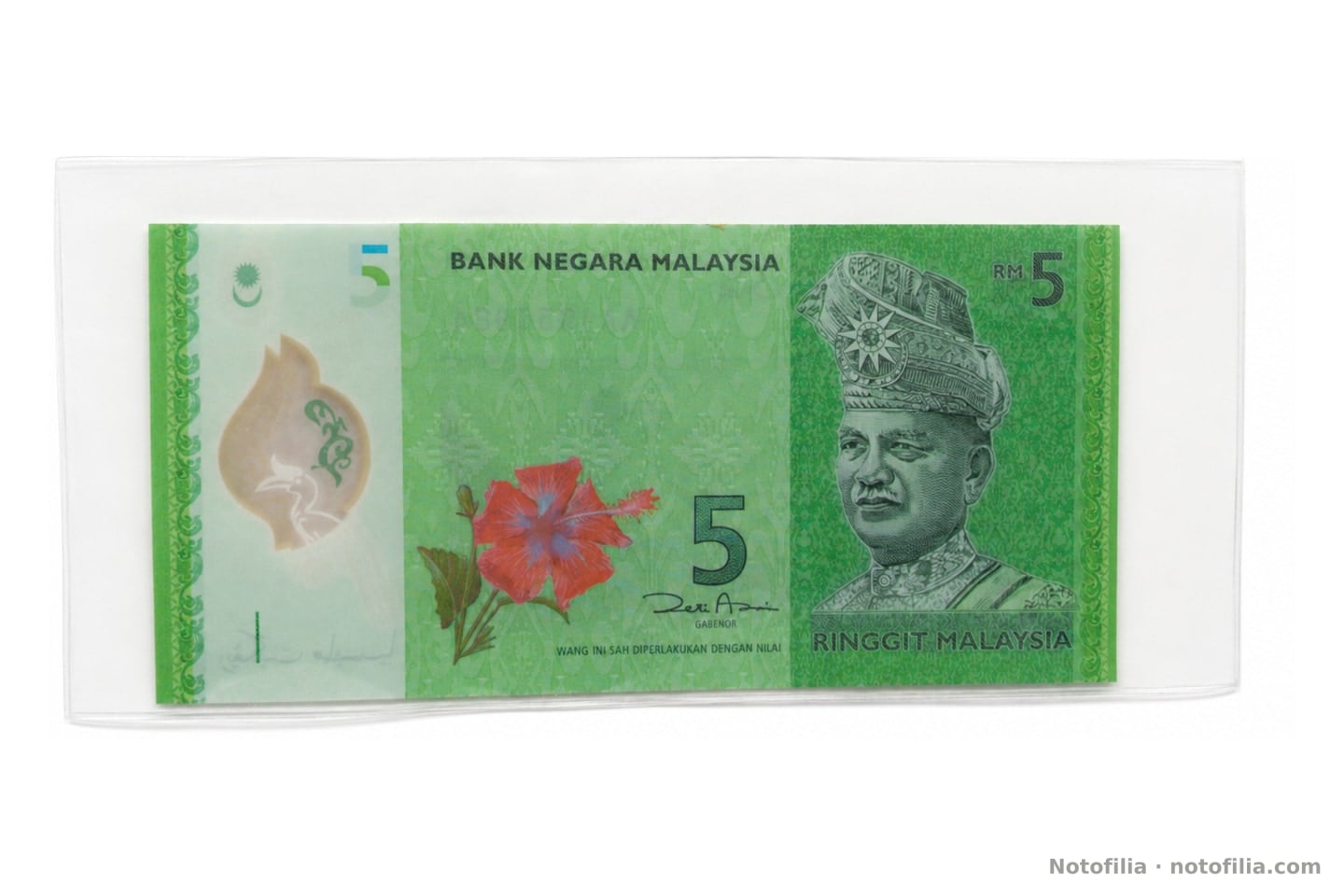 Face of the polymer RM5, serial AA 1955984: Tuanku Abdul Rahman, the hibiscus, the hornbill window, and Zeti Akhtar Aziz’s signature.