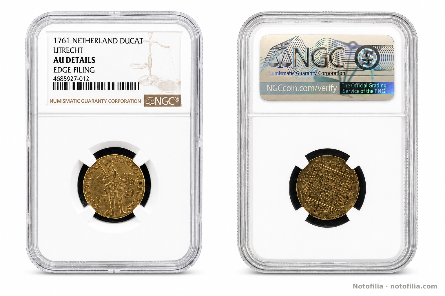 Anverso encapsulado: caballero a la derecha, fecha 17–61 y leyenda CONCORDIA RES PAR. CRES. TRA. Etiqueta NGC 1761 NETHERLAND DUCAT UTRECHT, AU DETAILS, EDGE FILING, 4685927-012.