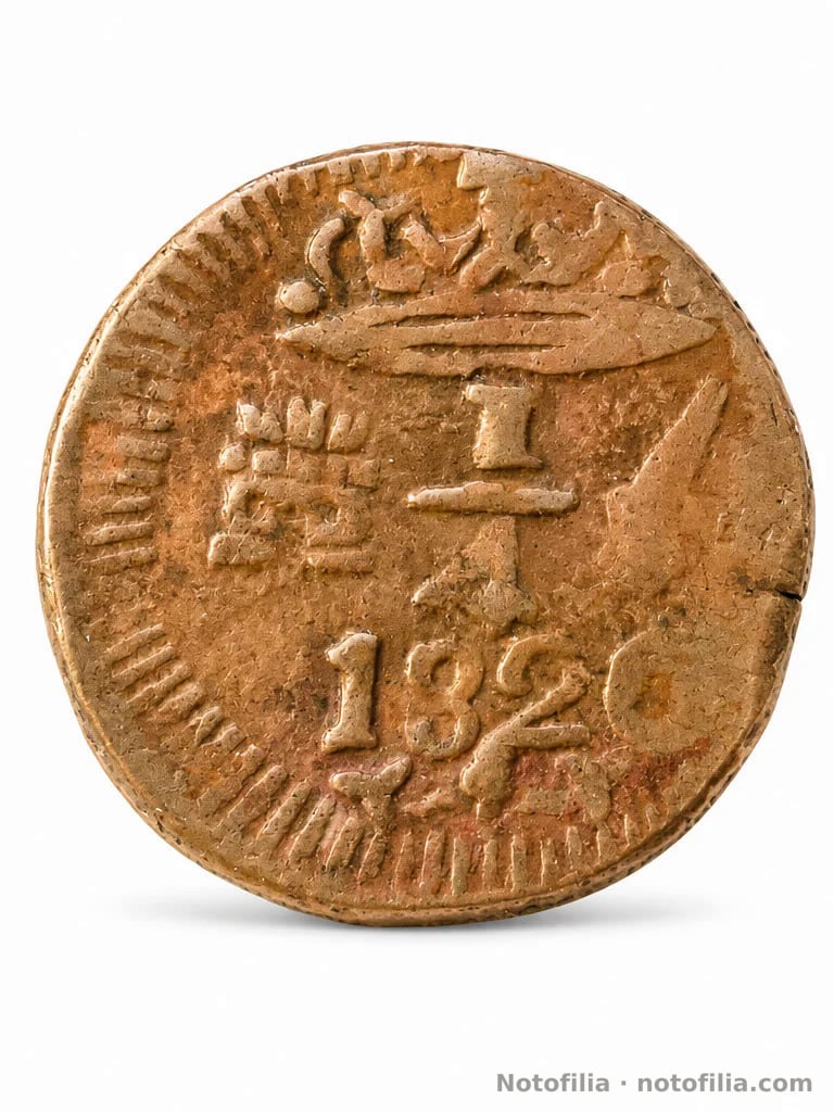 Reverso según Numista: corona sobre 1/4, castillo a la izquierda, espada y balas a la derecha, fecha 1820.