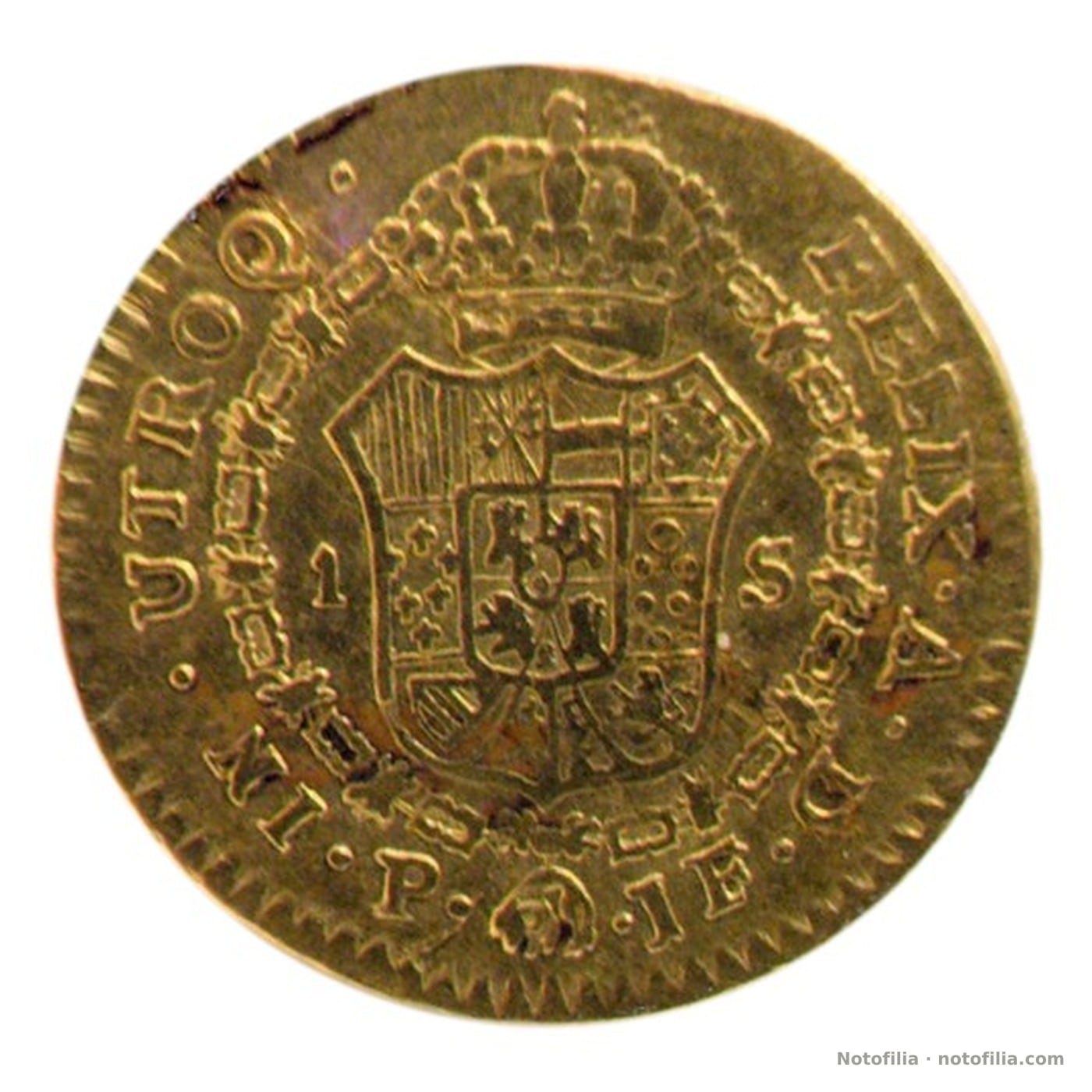 Reverso: escudo coronado y Toisón; 1 S; marcas P y JF a ambos lados del vellocino.