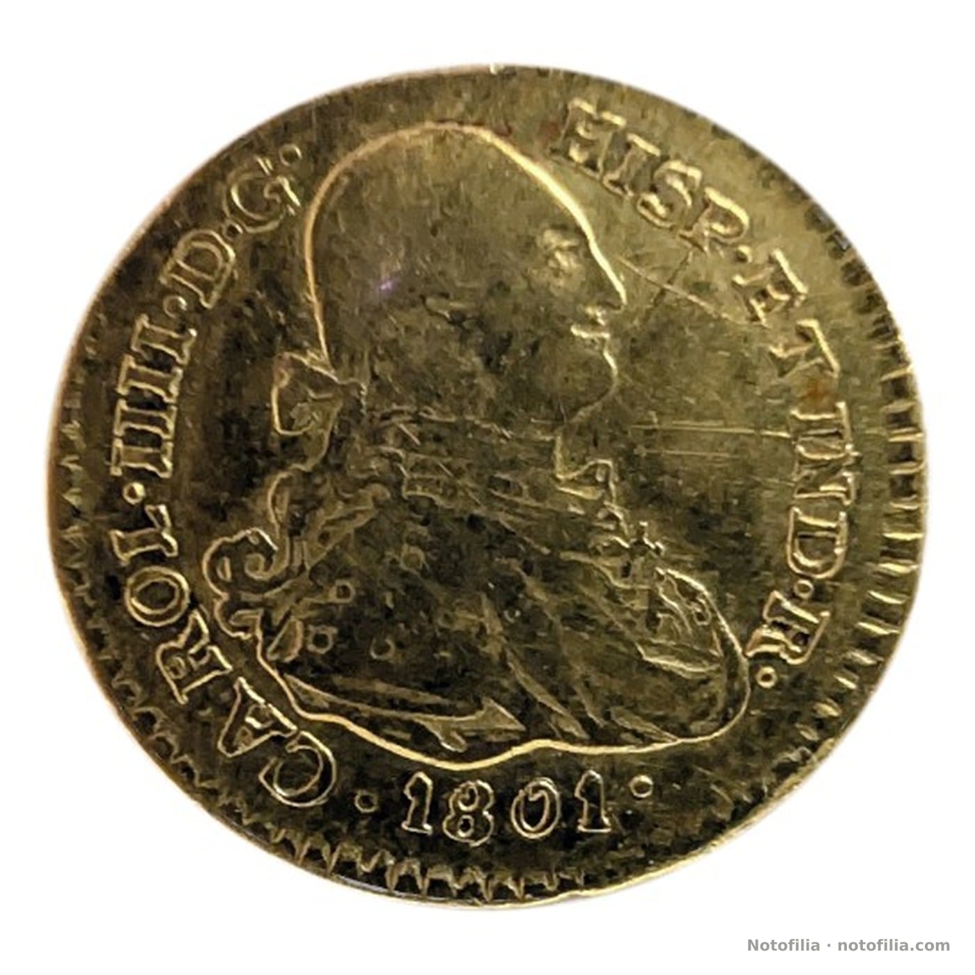 Anverso: busto de Carlos IV a la derecha, leyenda con IIII y fecha 1801.