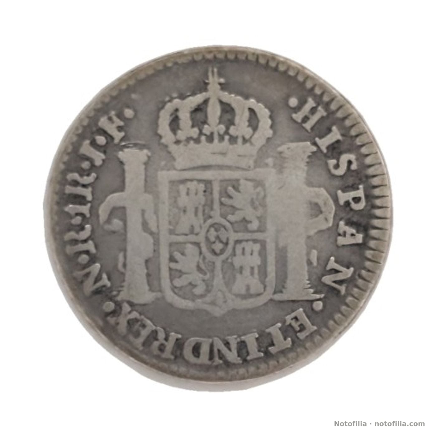 Reverso: escudo coronado entre columnas; NR, 1R y ensaye JF en la orla.