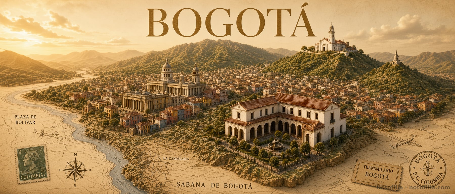 Ilustración vintage en relieve de Bogotá sobre pergamino, con la Plaza de Bolívar, La Candelaria, Monserrate, el río Bogotá y el título Bogotá
