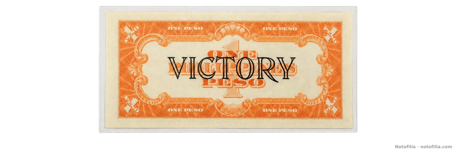 Orange back of the 1-peso note with the black VICTORY overprint.