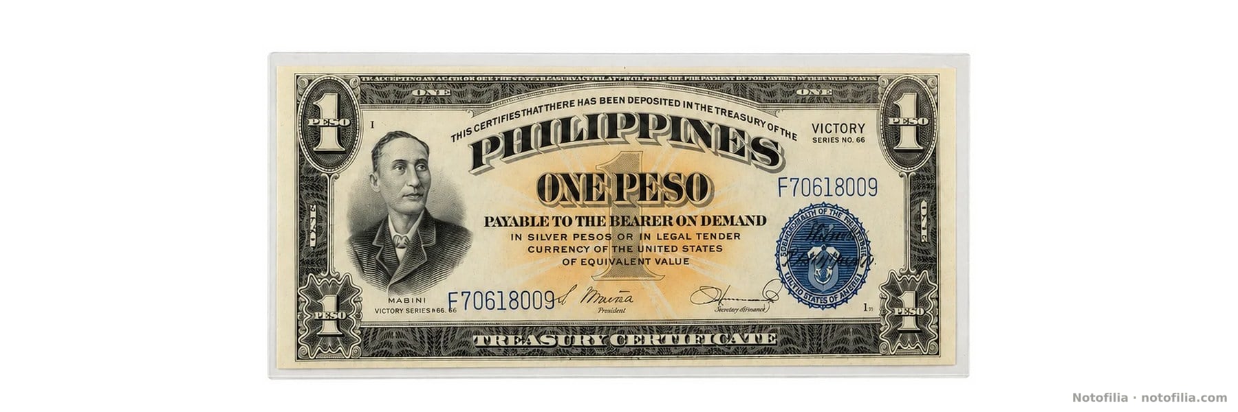 Face of the 1-peso note, serial F70618009: Mabini at left and the blue Commonwealth seal.