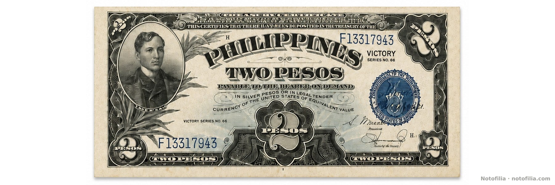 Anverso del 2 pesos, serie F13317943: Rizal a la izquierda y sello azul del Commonwealth.