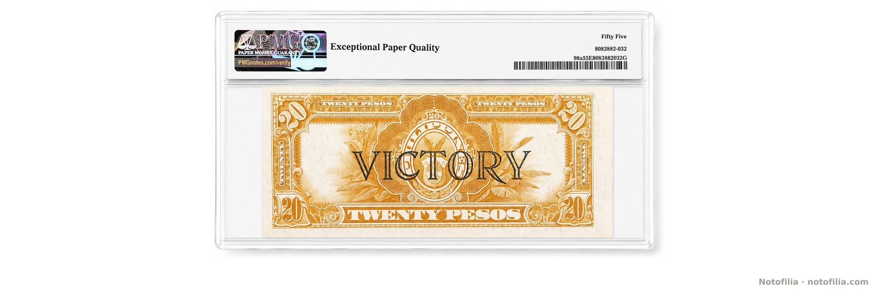 Slabbed back of the 20-peso note, PMG certificate 8083882-032, with the VICTORY overprint.