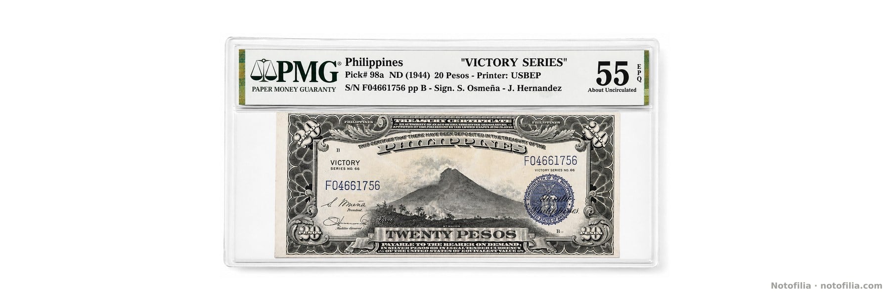 Slabbed face of the 20-peso P#98a, PMG 55 EPQ, serial F04661756, showing Mount Mayon.