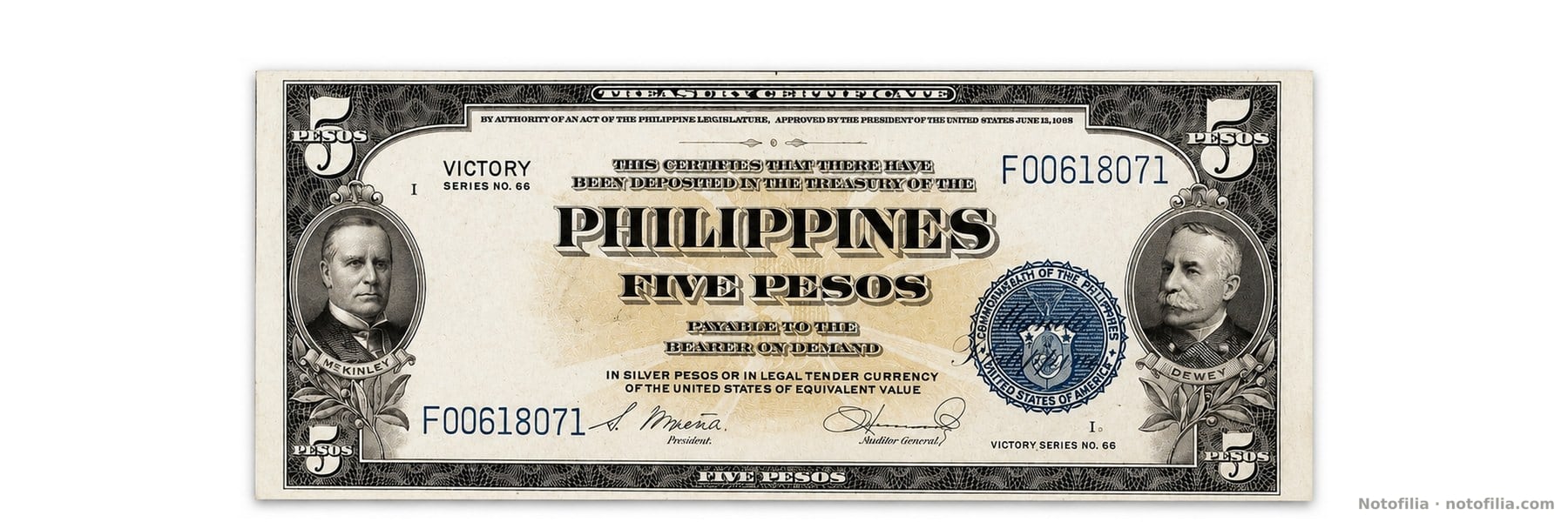 Face of the 5-peso note, serial F00618071: McKinley, Dewey, and the Commonwealth seal.