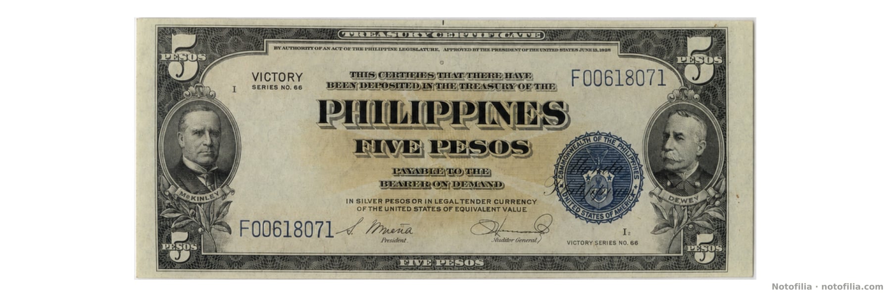 Anverso, 5 pesos Serie Victory n.º 66, serial F00618071