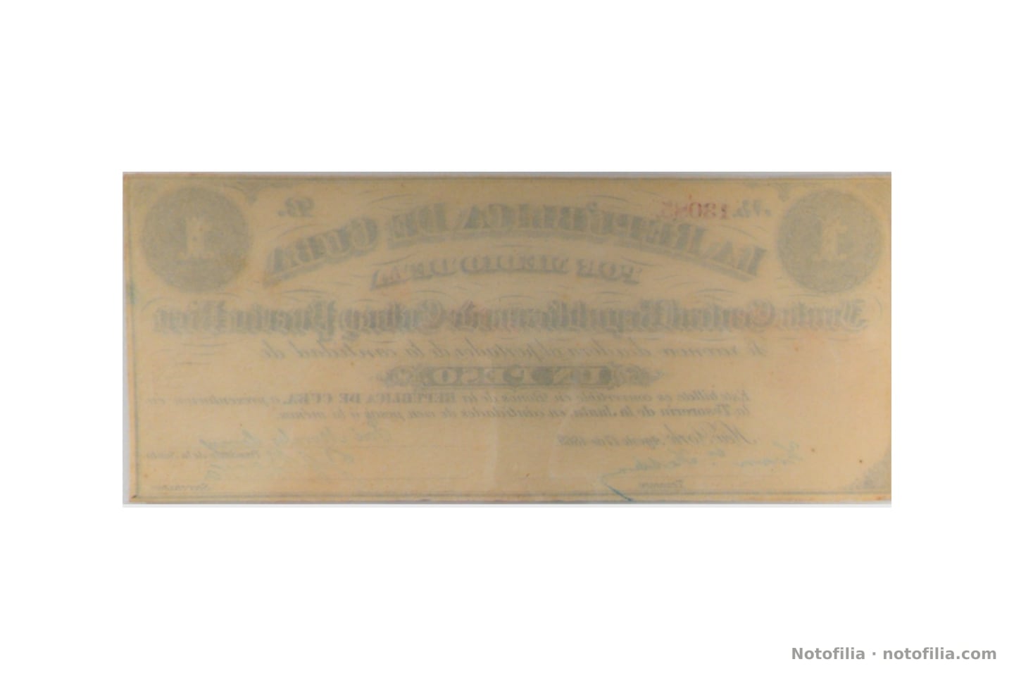 Reverso con transparencia del anverso por la delgadez del papel; la sangrado puede mostrar un número distinto (p. ej. 13082). El identificador de la pieza es el N.º 13085 impreso en rojo en el anverso.
