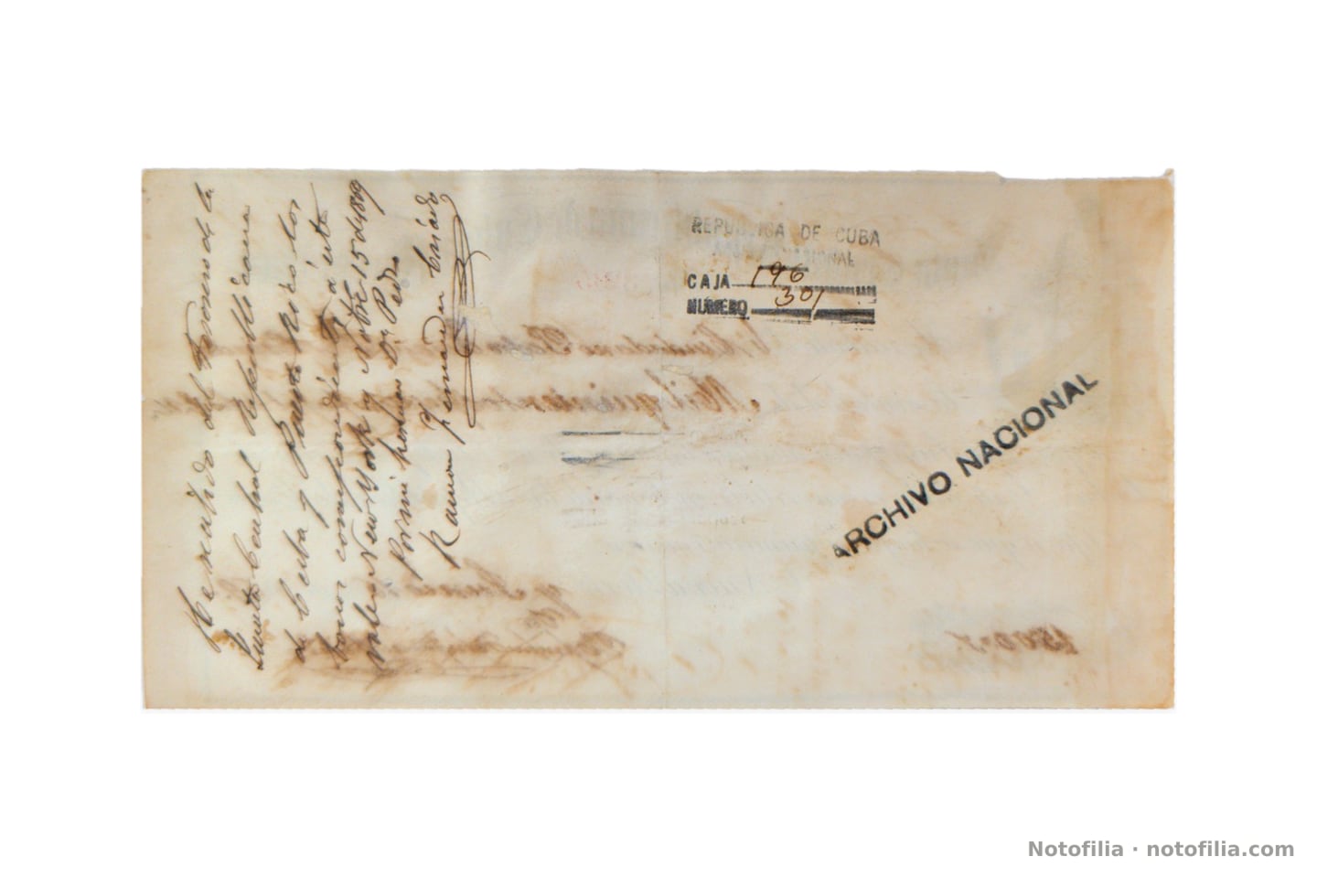Back with redemption endorsement of 15 November 1869, New York (“He recibido del Tesorero… los bonos correspondientes a este valor… por mi padre D. Pedro”, Ramon Fernandez Criado), Archivo Nacional de Cuba stamps, and CAJA 196 / NUMERO 301 registration.