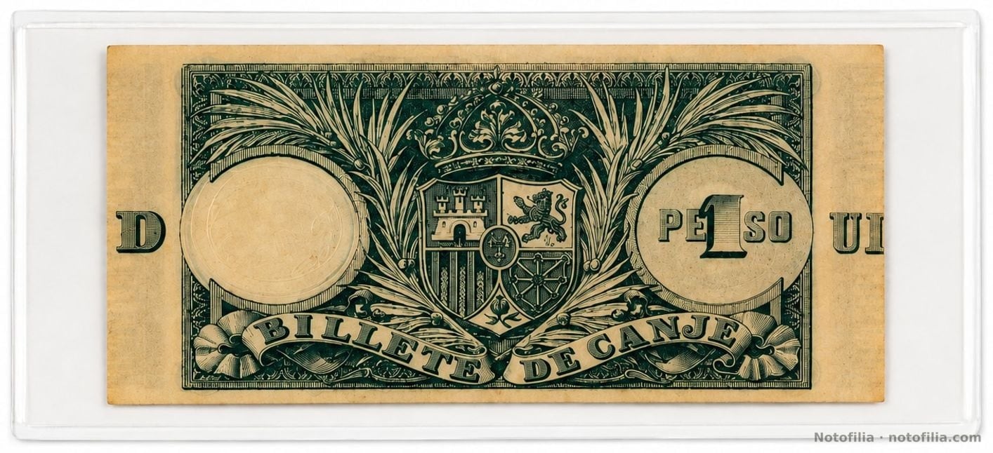 Green back: arms of Spain, BILLETE DE CANJE ribbon, 1 PESO at right, and D / UI counterfoil remnants at the margins.