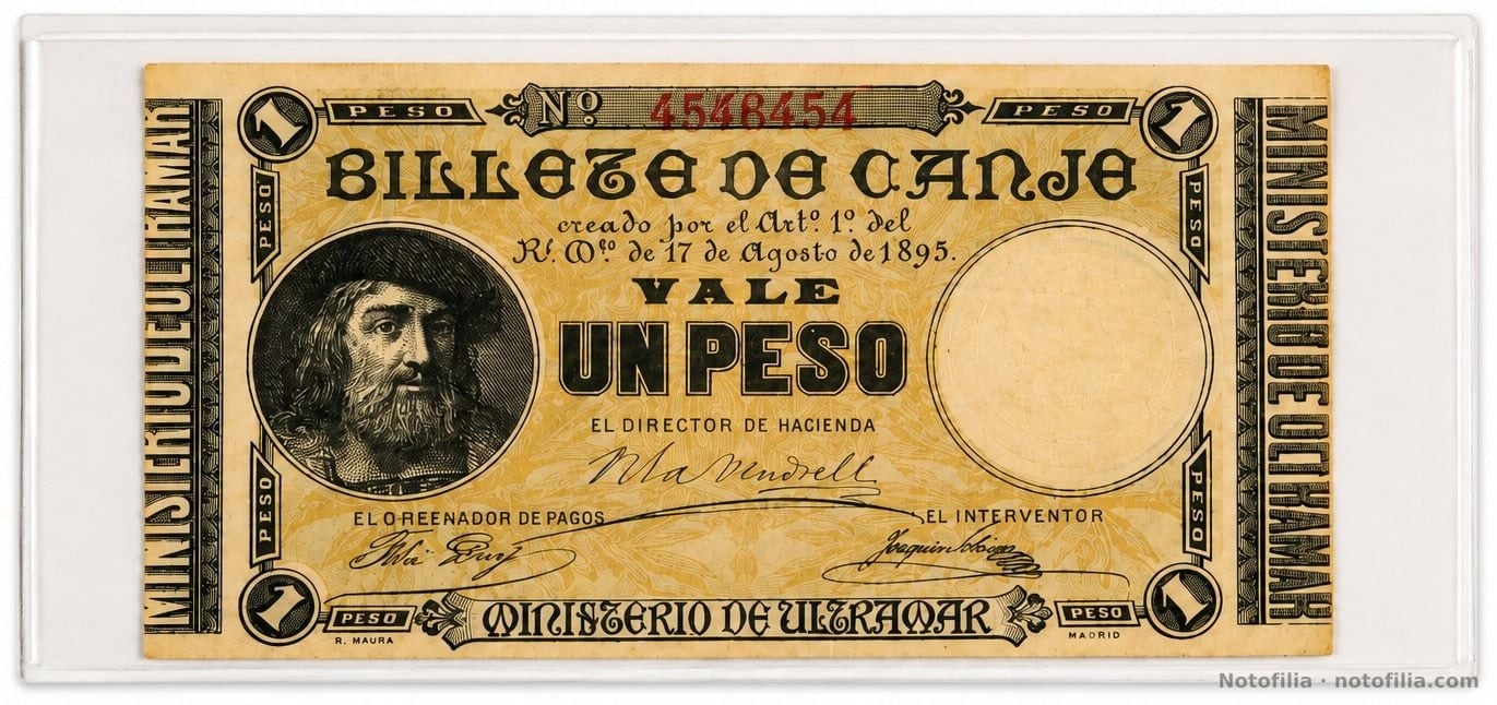 Face of the 1-peso exchange note, radar serial N.º 4548454: portrait at left, VALE UN PESO, and Ministerio de Ultramar signatures.