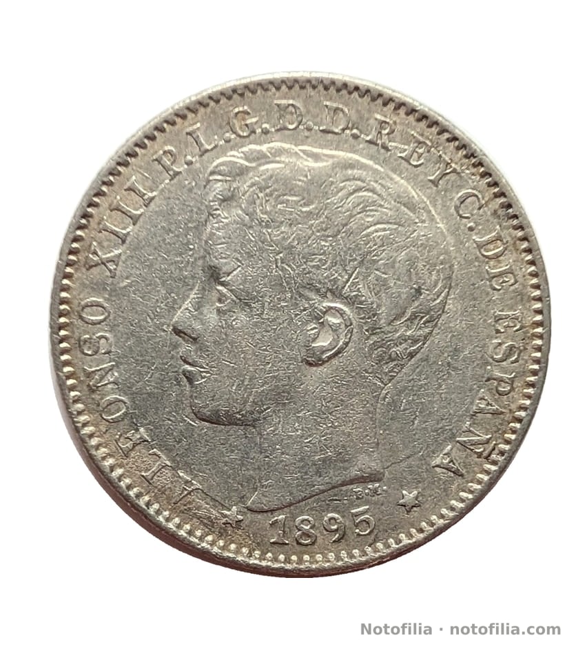 Obverse: bust of the boy Alfonso XIII facing left; ALFONSO XIII P.L.G.D.D. REY C. DE ESPAÑA; the date reads 1895 between stars.