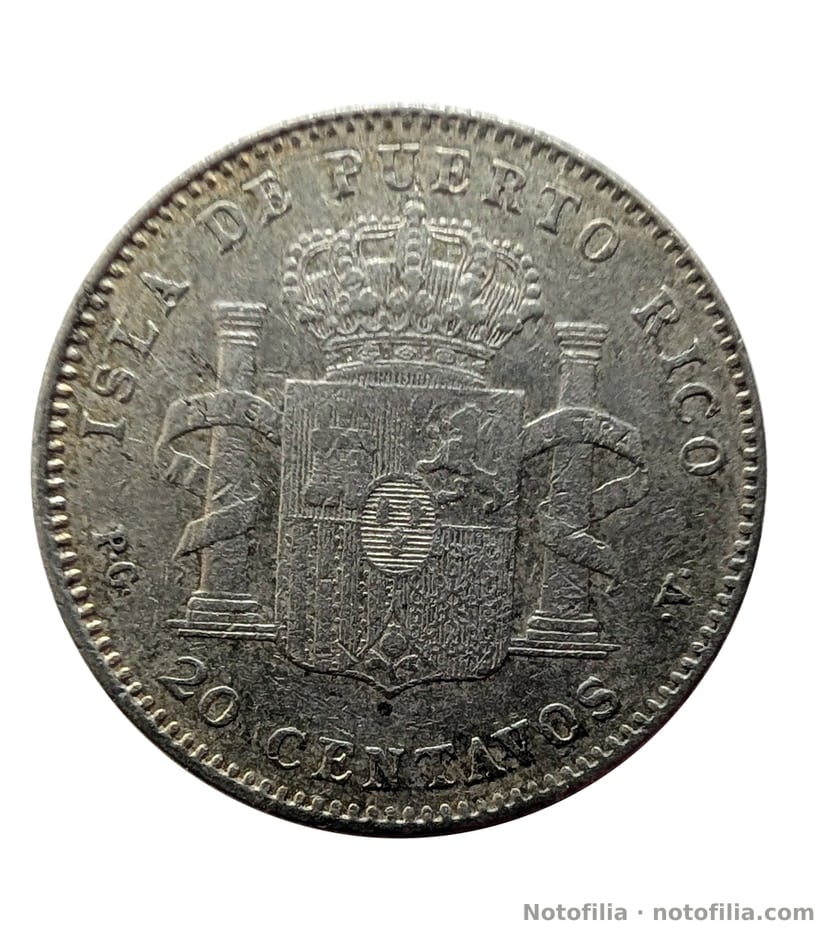 Reverso: armas de España coronadas entre las columnas de Hércules; ISLA DE PUERTO RICO; P·G· 20 CENTAVOS ·V·.