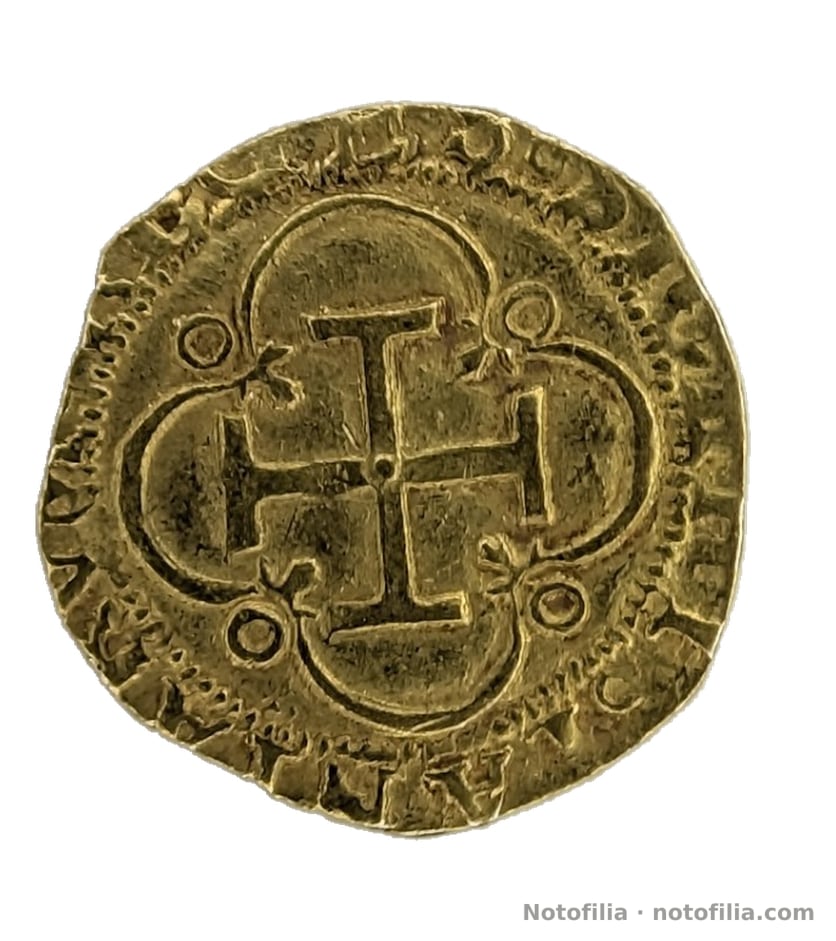 Reverso: cruz de Jerusalén en orla de cuatro lóbulos; leyenda HISPANIARVM.