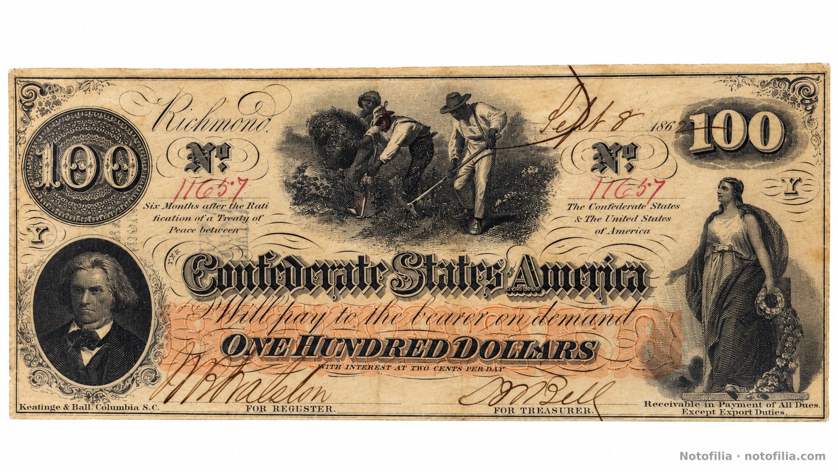 Anverso del 100 dólares confederado, T-41, Richmond, 8 de septiembre de 1862, serial 11657, plancha L: Calhoun, personas esclavizadas en un campo de algodón y figura alegórica.