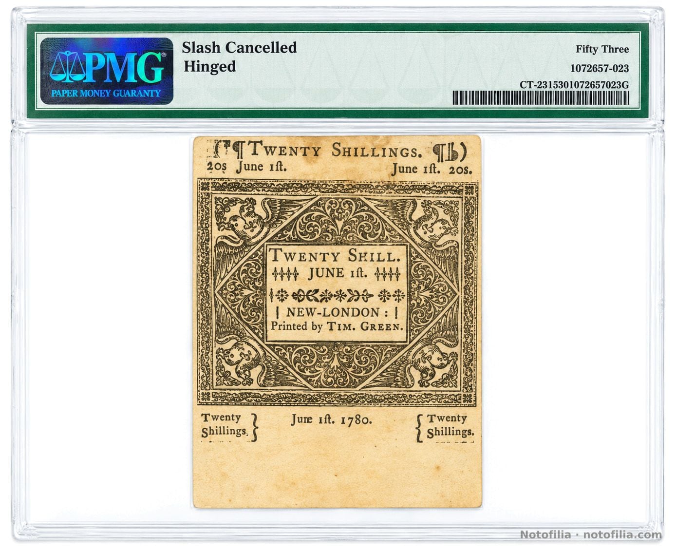 Back, 20 shillings 1 June 1780, serial Nº 8495
