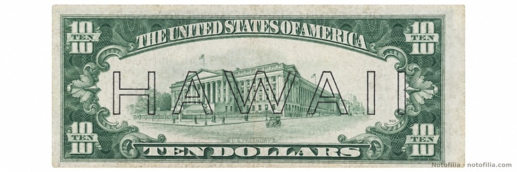Reverso del 10 dólares HAWAII, serial L45104670B: edificio del Tesoro, HAWAII en letras huecas y plancha de reverso 903.