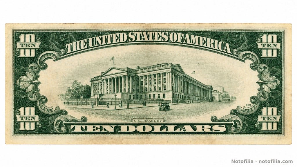 Reverso del 10 dólares, serie 1934 A: edificio del Tesoro y TEN DOLLARS. Plancha 938. Sin lema IN GOD WE TRUST.