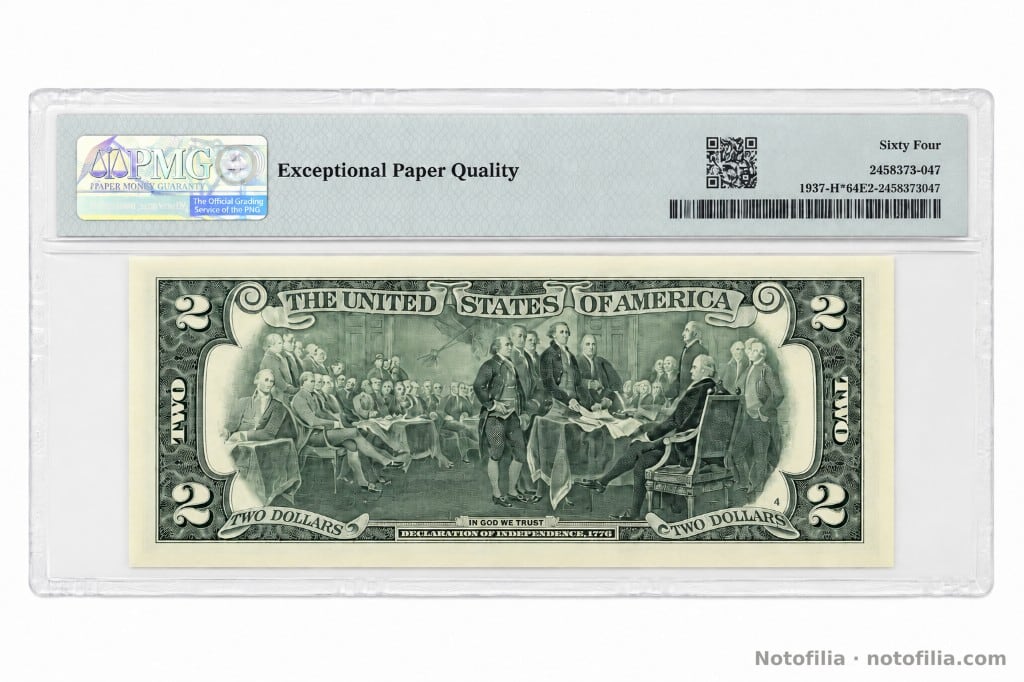 Reverso encapsulado del 2 dólares, serie 2003, certificado PMG 2458373-047: Declaración de Independencia de Trumbull y Exceptional Paper Quality.