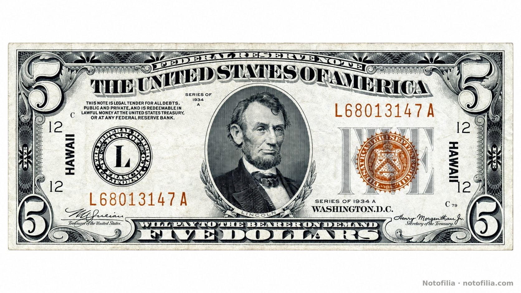 Anverso, 5 dólares Serie 1934 A, serial L68013147A