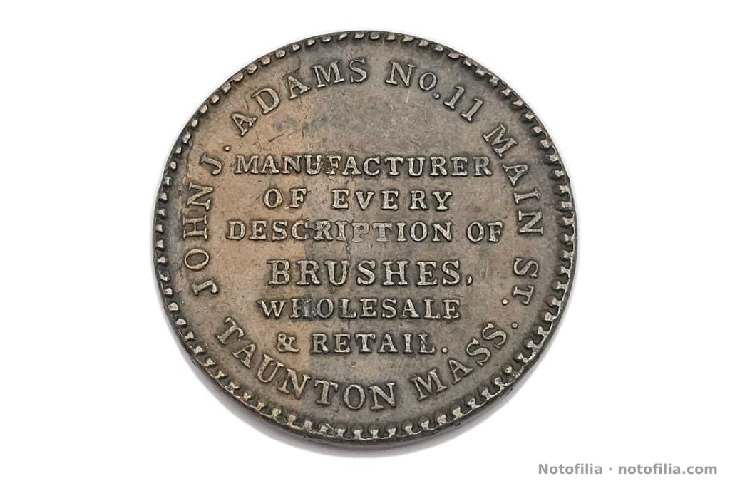 Reverso: John J. Adams, n.º 11 de Main Street, Taunton; cepillos al por mayor y al por menor.