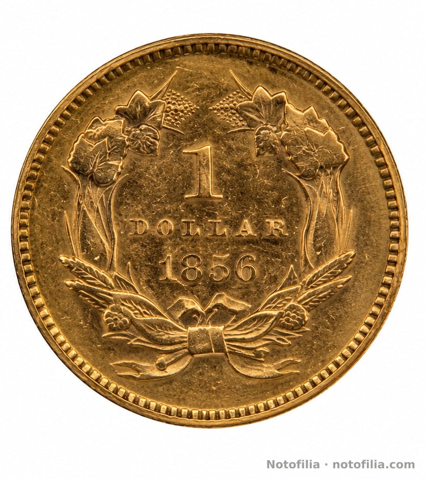 Reverso: 1 DOLLAR; 1856 con el 5 inclinado; corona agrícola. Sin letra bajo el lazo.