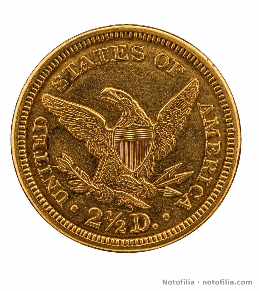 Reverso: águila con escudo, olivo y flechas; UNITED STATES OF AMERICA; 2 1/2 D. Sin marca de ceca.