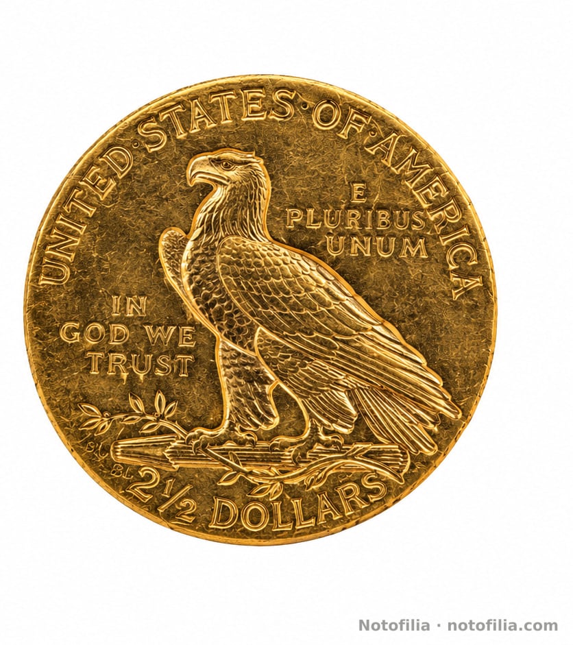 Reverso: águila sobre flechas y olivo; UNITED STATES OF AMERICA; IN GOD WE TRUST; E PLURIBUS UNUM; 2½ DOLLARS.