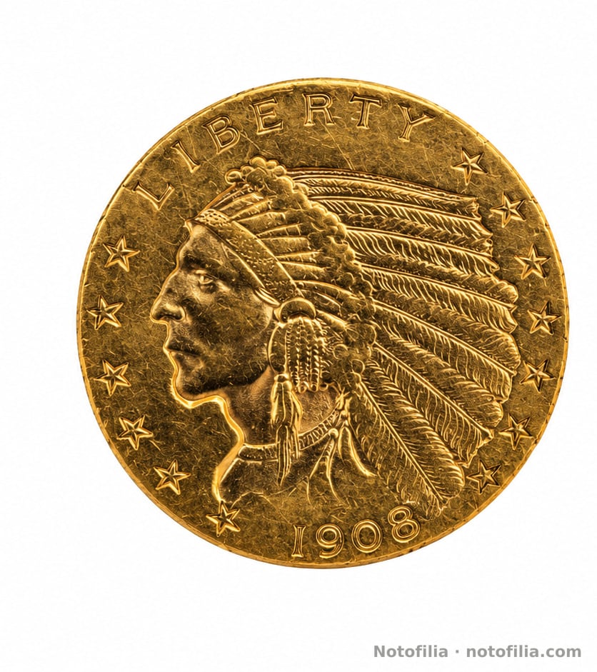 Anverso: busto con tocado, a la izquierda; LIBERTY; estrellas; 1908.