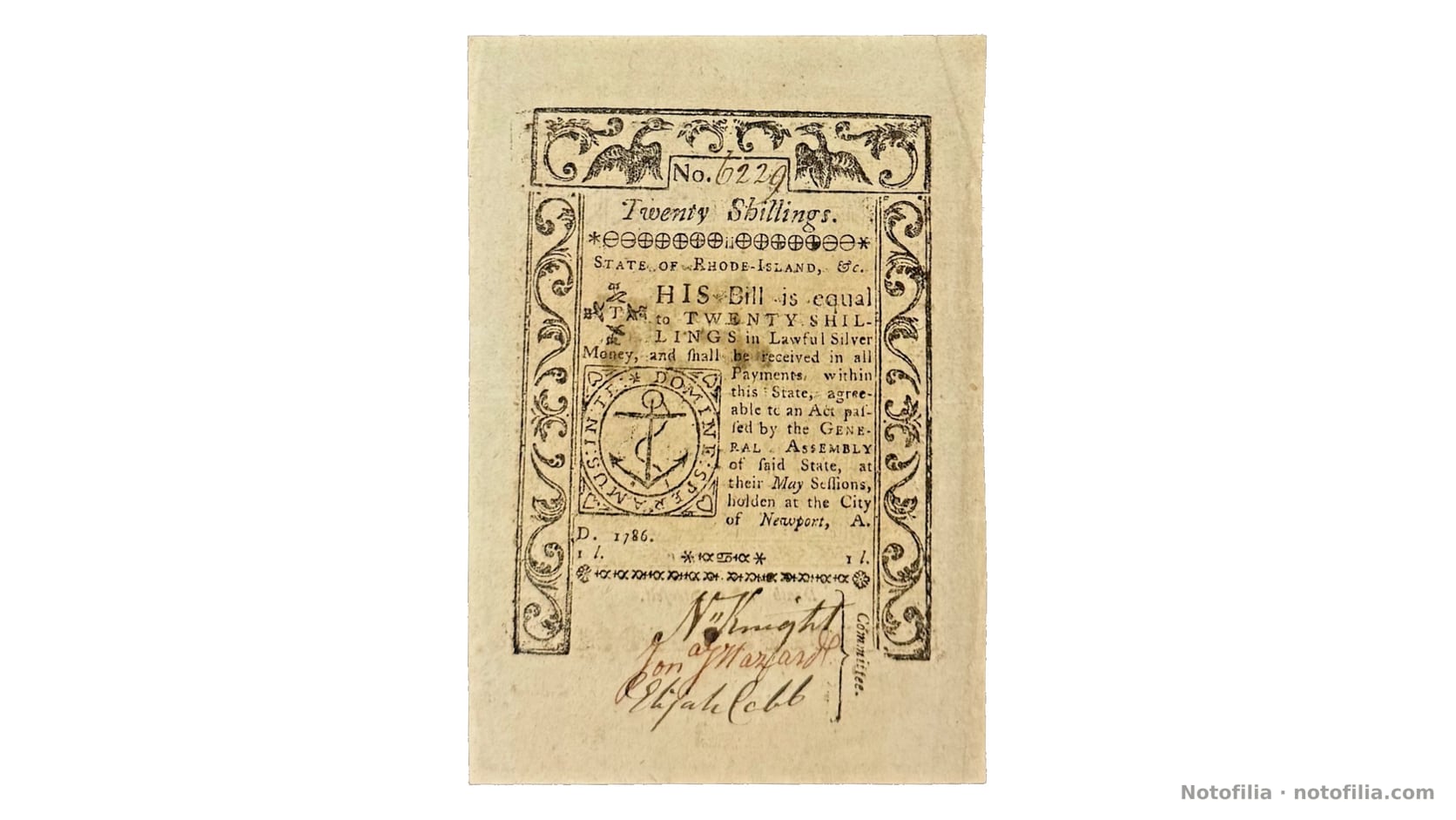 Anverso, 20 chelines mayo de 1786, serial No. 6229