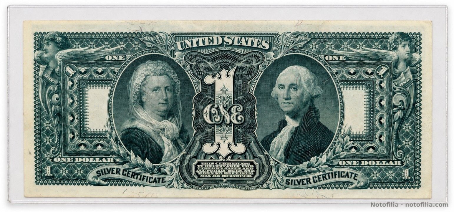 Reverso del 1 dólar Educational Series, Fr. 224: Martha Washington y George Washington en el grabado verde, en funda.
