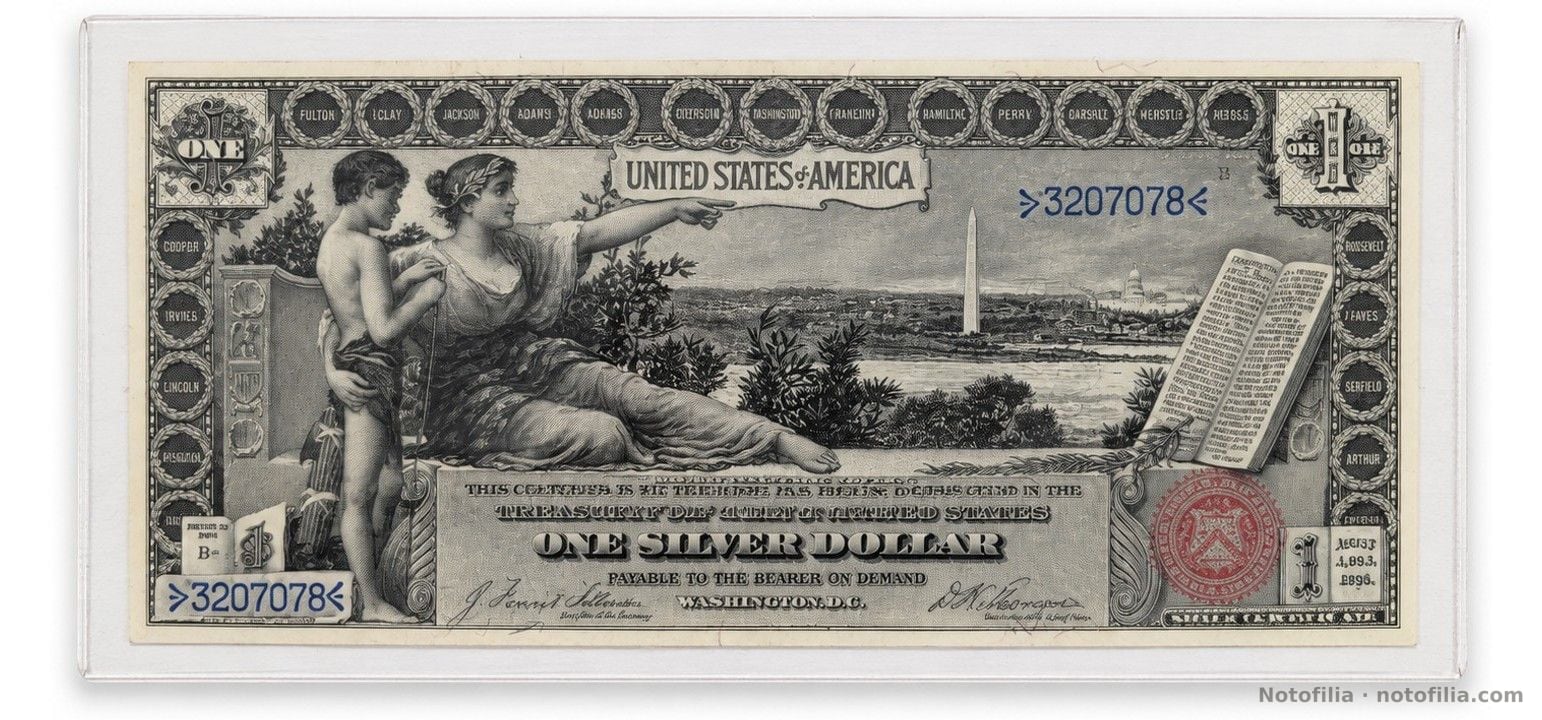 Anverso del 1 dólar certificado de plata, serie de 1896, serial B3207078: History Instructing Youth, sello rojo del Tesoro y firmas Tillman–Morgan, en funda.