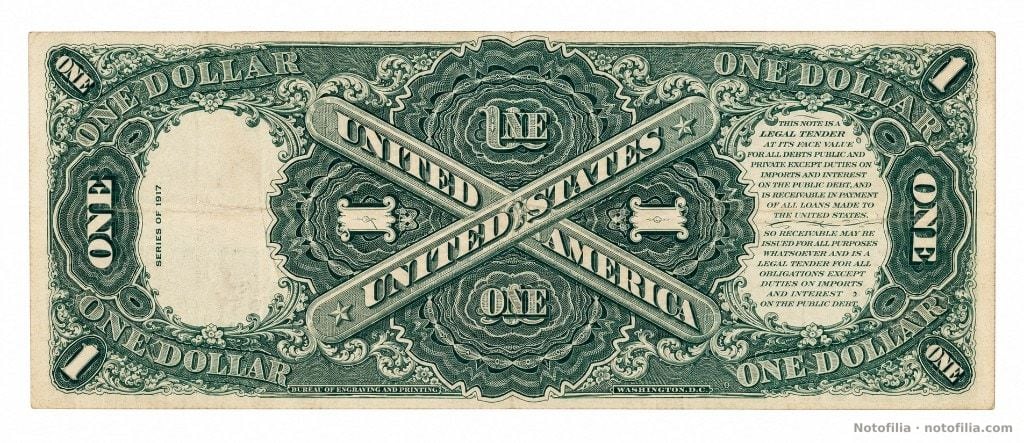 Reverso Sawhorse del 1 dólar, serie 1917, serial T55297699A: bandas cruzadas UNITED STATES OF AMERICA y cláusula de curso legal.